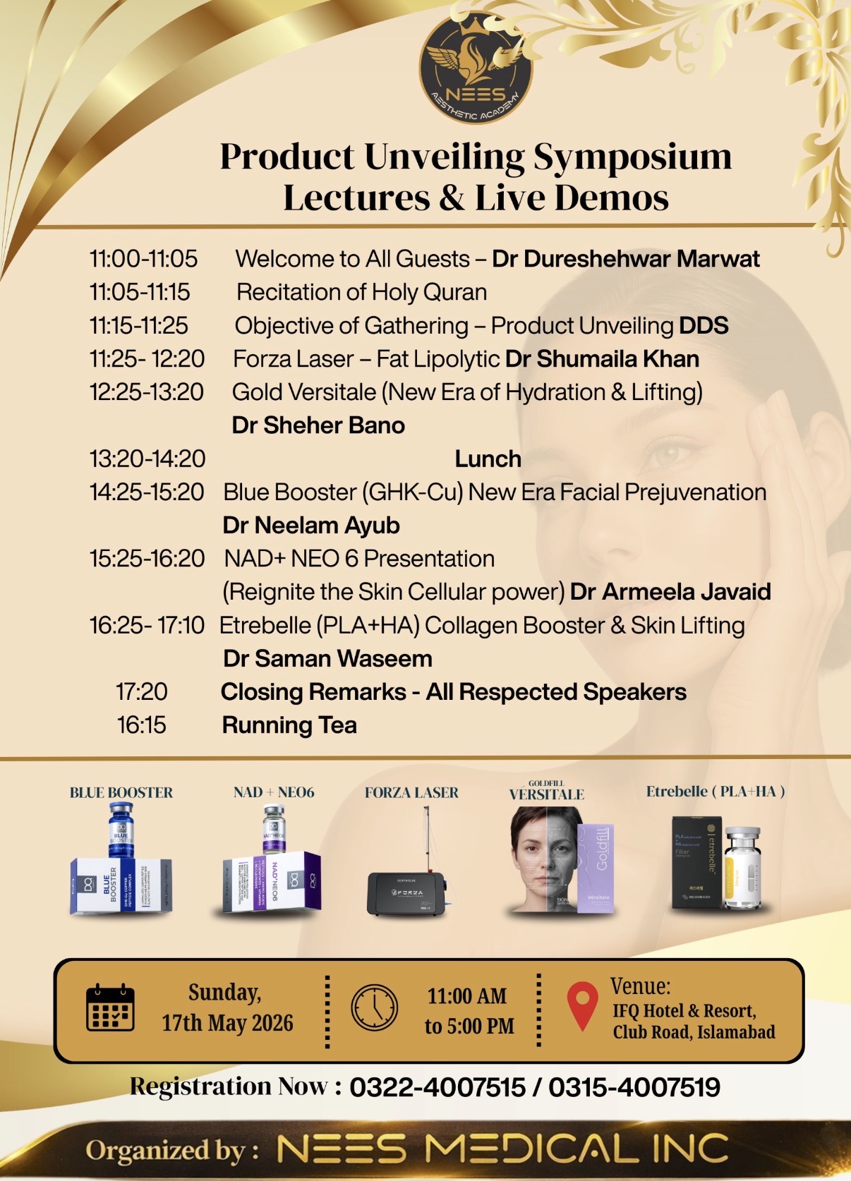 Product unveiling symposium agenda with lecture and live demo timings.