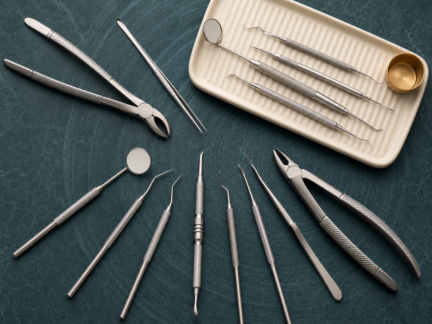 Dental instrument collection arranged on a deep teal surface