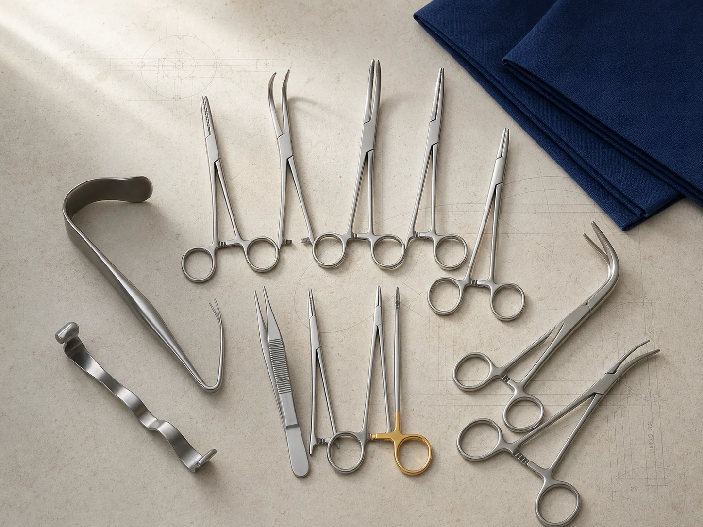 General surgical instrument collection on an ivory technical surface